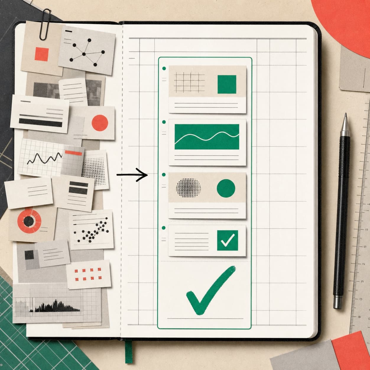 Square editorial notebook diagram showing many source fragments and a selected set of learning cards marked with a green check.