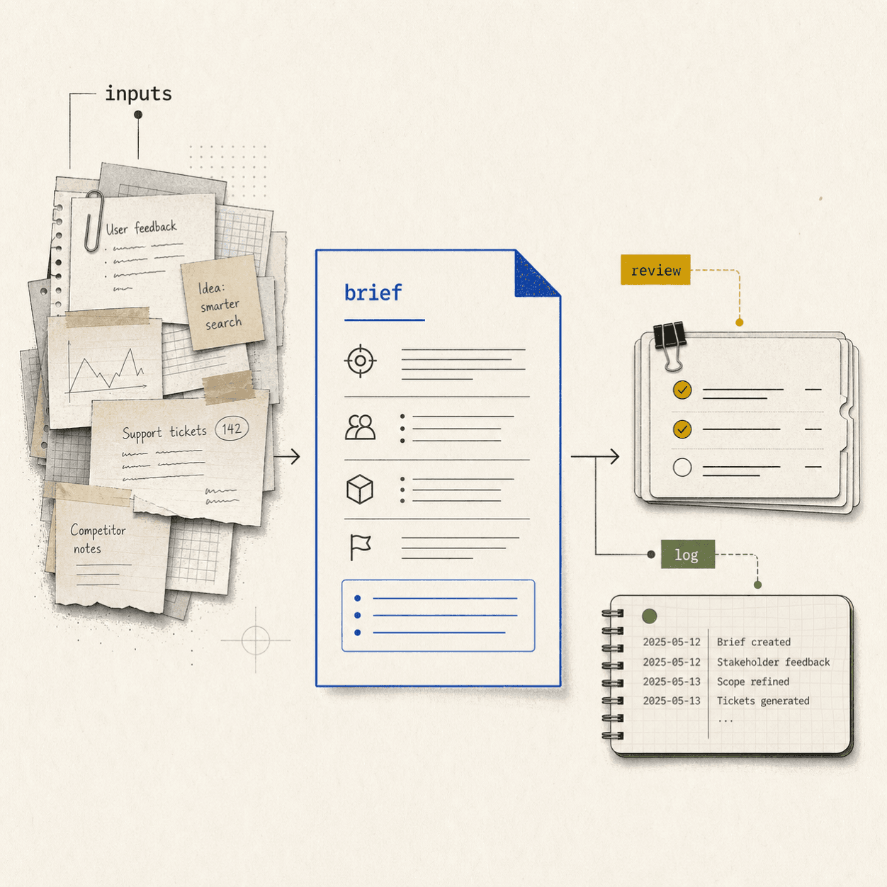 Square editorial workflow graphic showing messy inputs turning into a brief, review tickets, and a log.