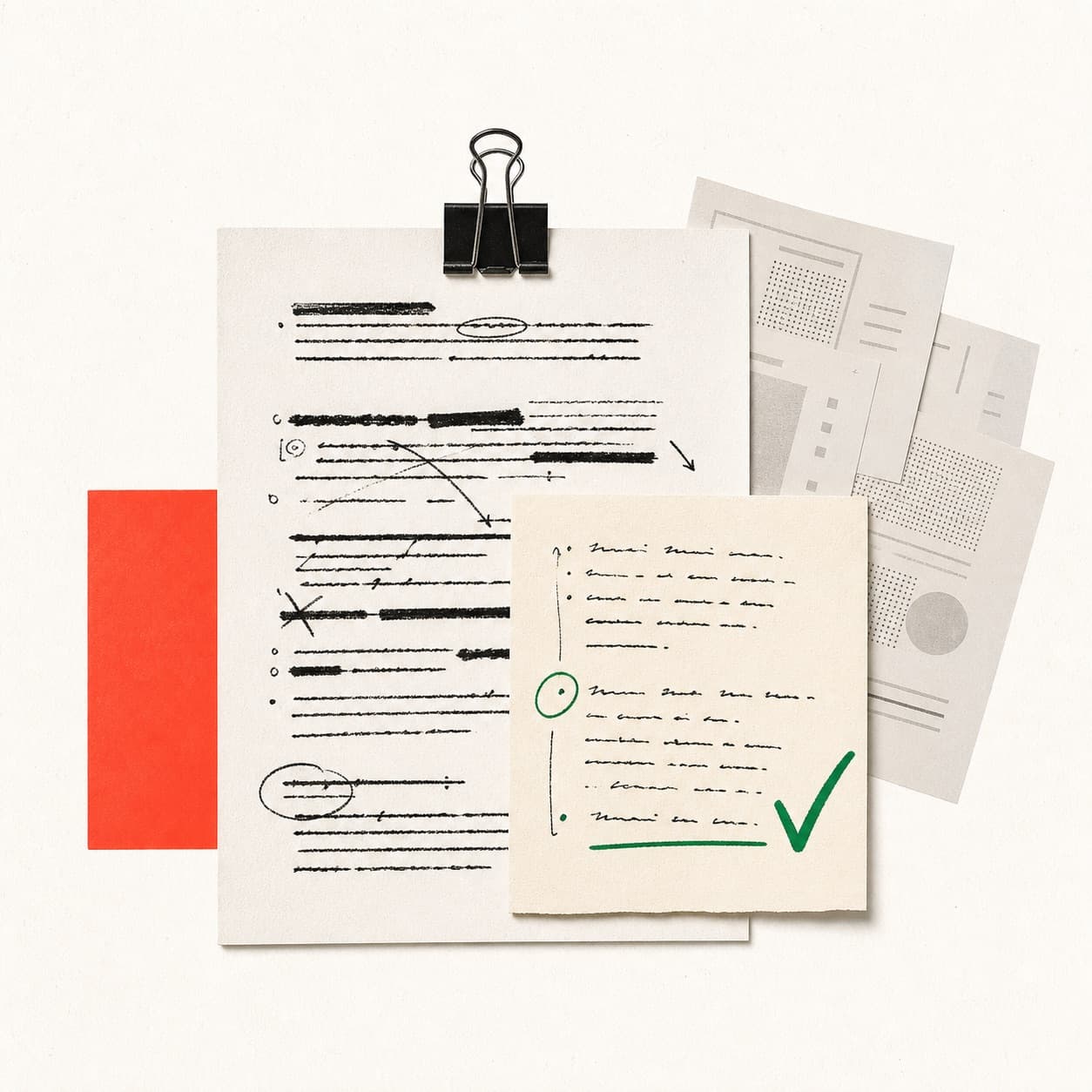 Editorial collage of marked-up draft pages, a binder clip, and a handwritten green check.