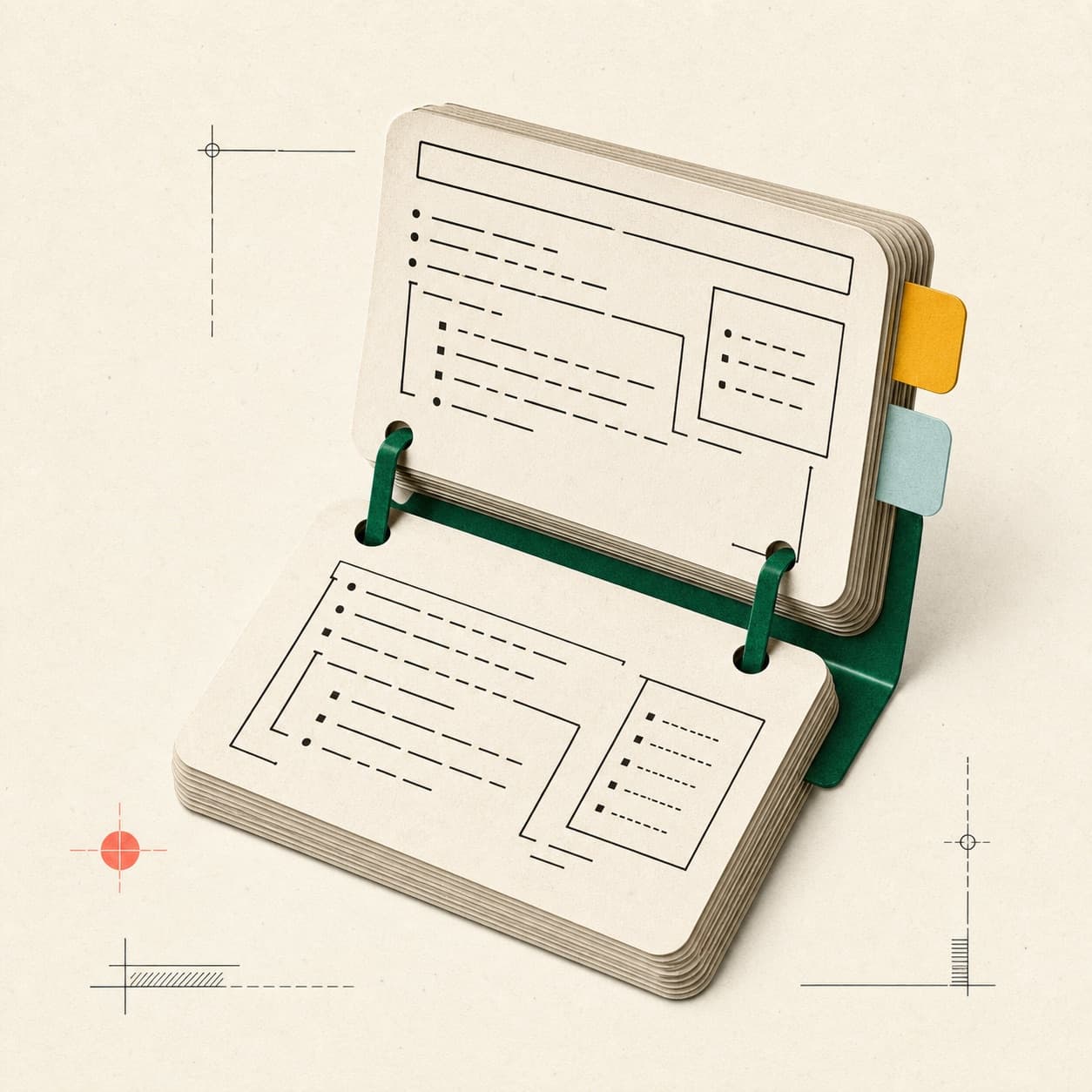 Editorial collage of a structured prompt reference book with amber and mist index tabs.