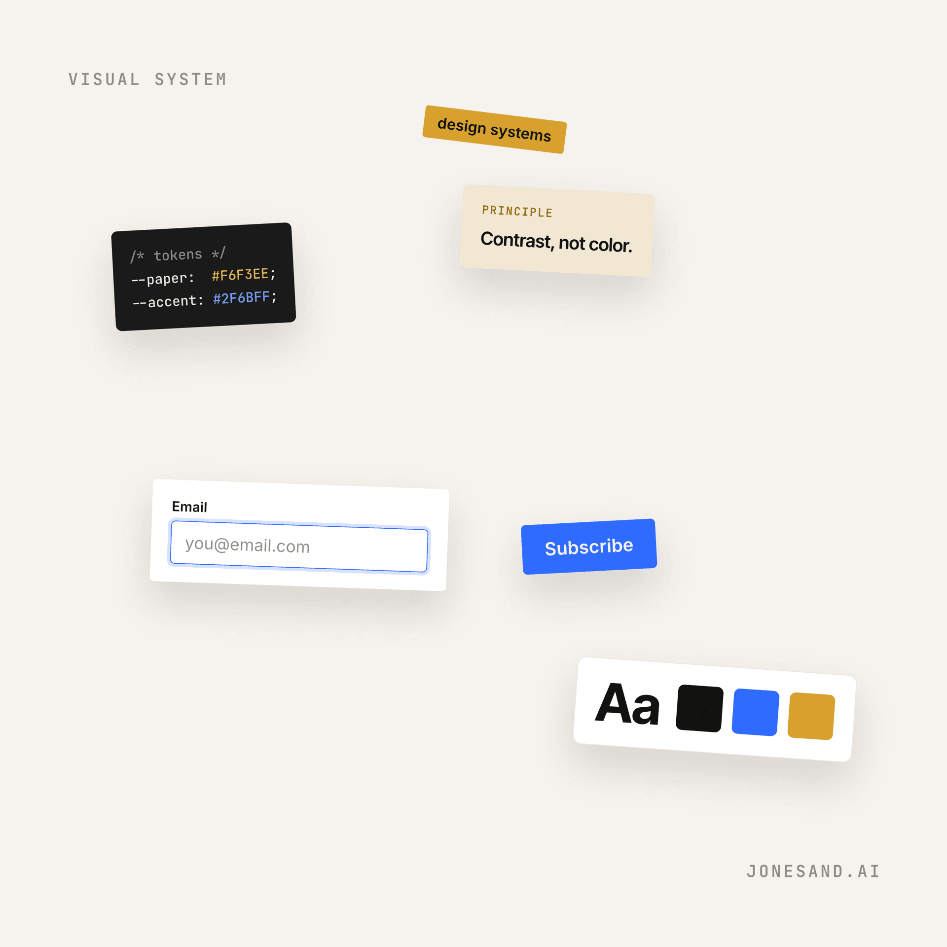 Square graphic of floating design-system components on a cream background: a token code block, a callout, an email input, a Subscribe button, and color swatches.