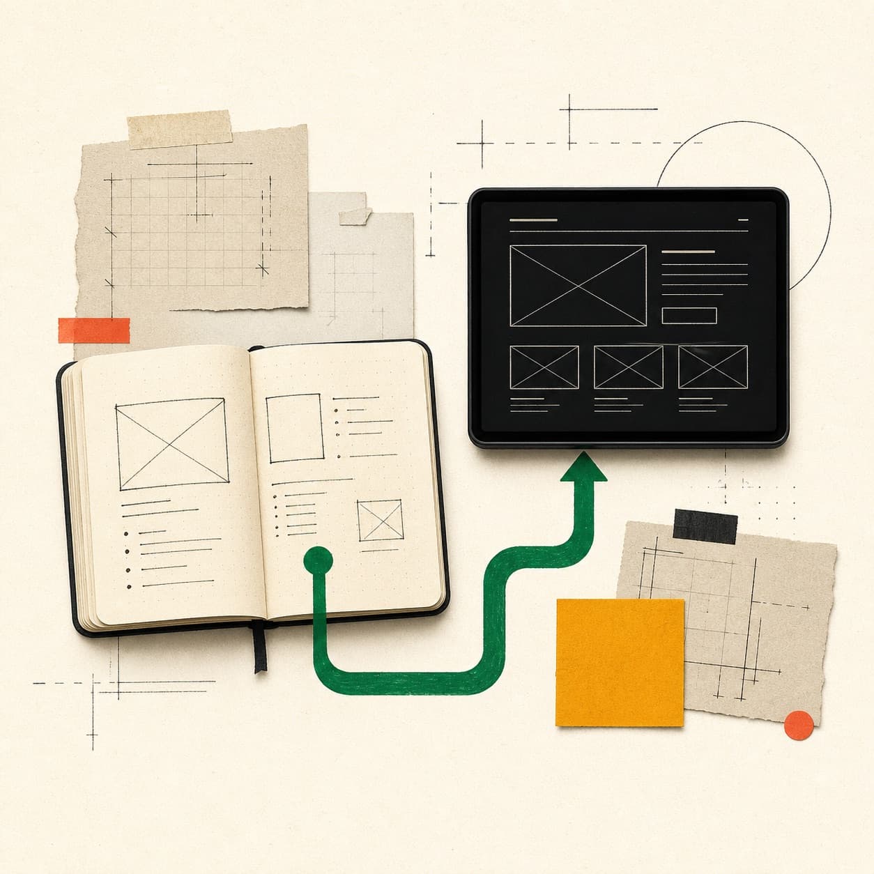 Editorial collage of a notebook wireframe connected to a personal site layout by a green path.