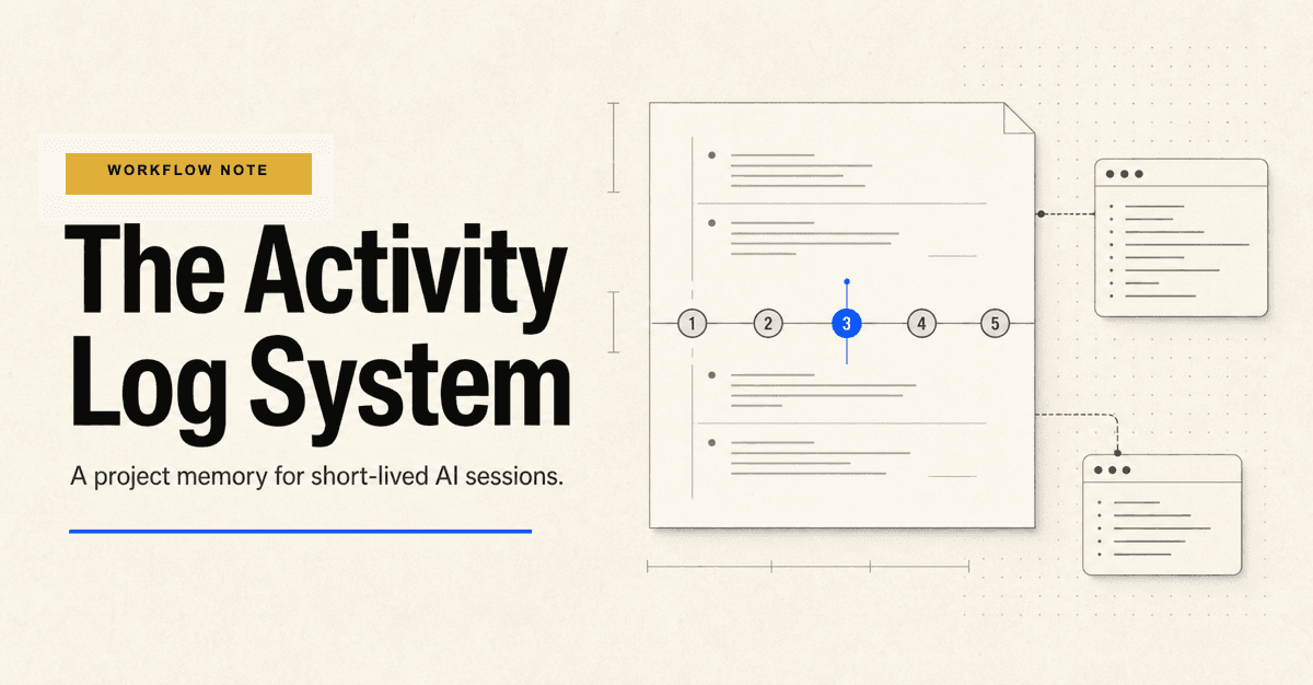 Editorial graphic for the Activity Log System, showing a project timeline document connected to compact session notes.